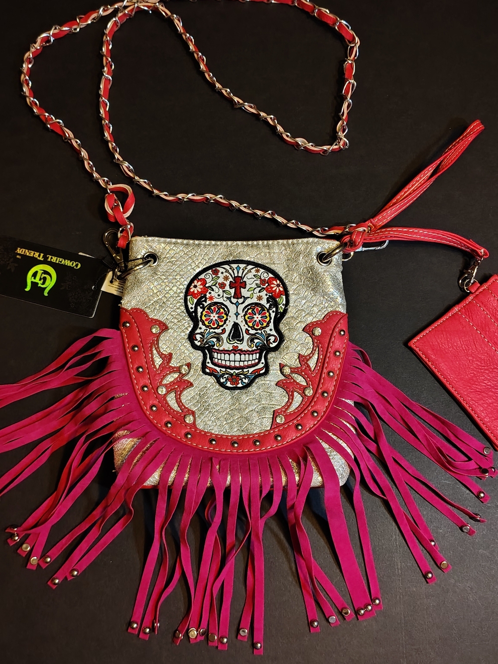 Cowgirl Trendy Crossbody Bag with Colorful Sugar Skull Accent - Pink & Silver